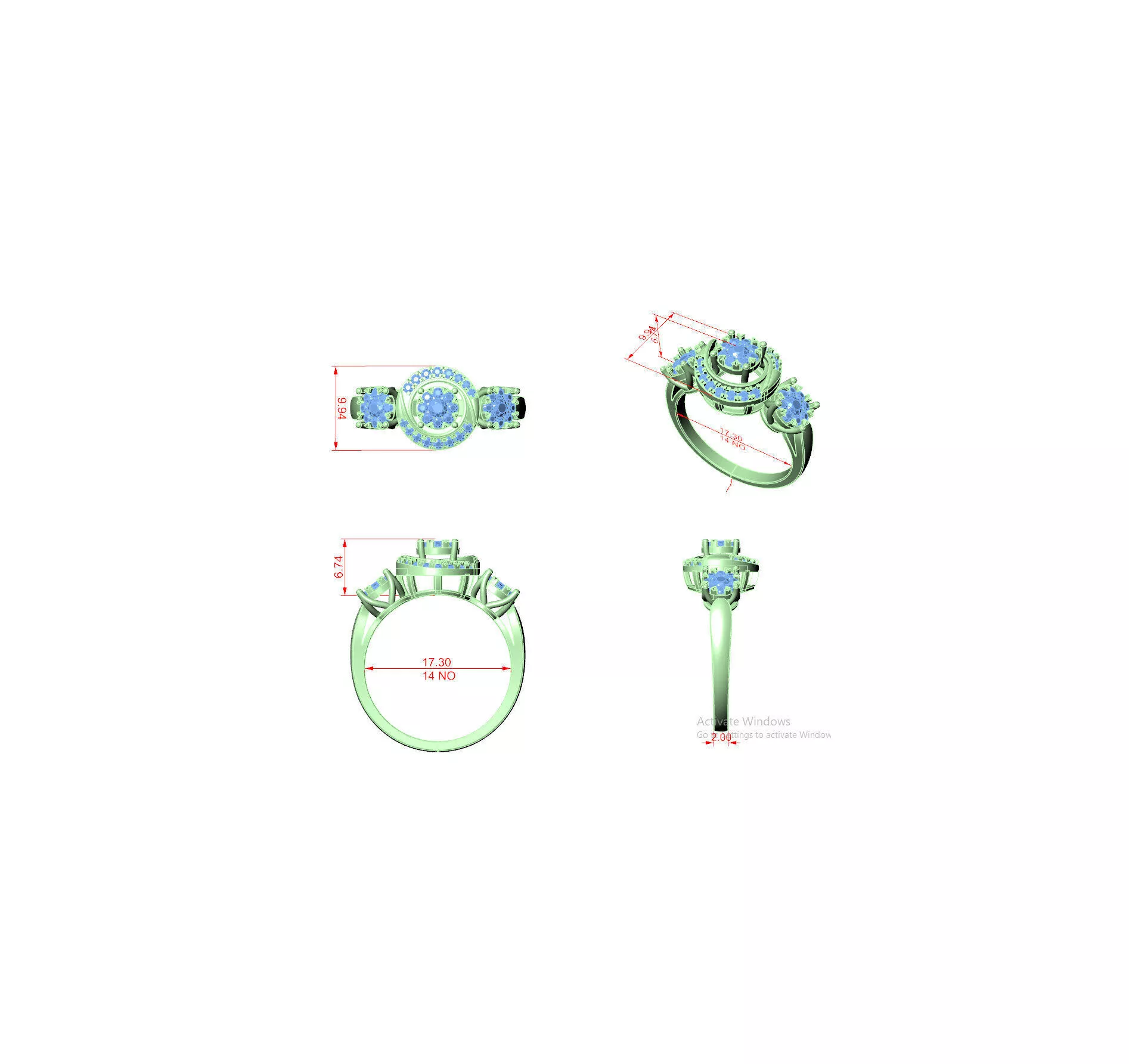 Triple Flower Halo Diamond Ring CAD 3D print model