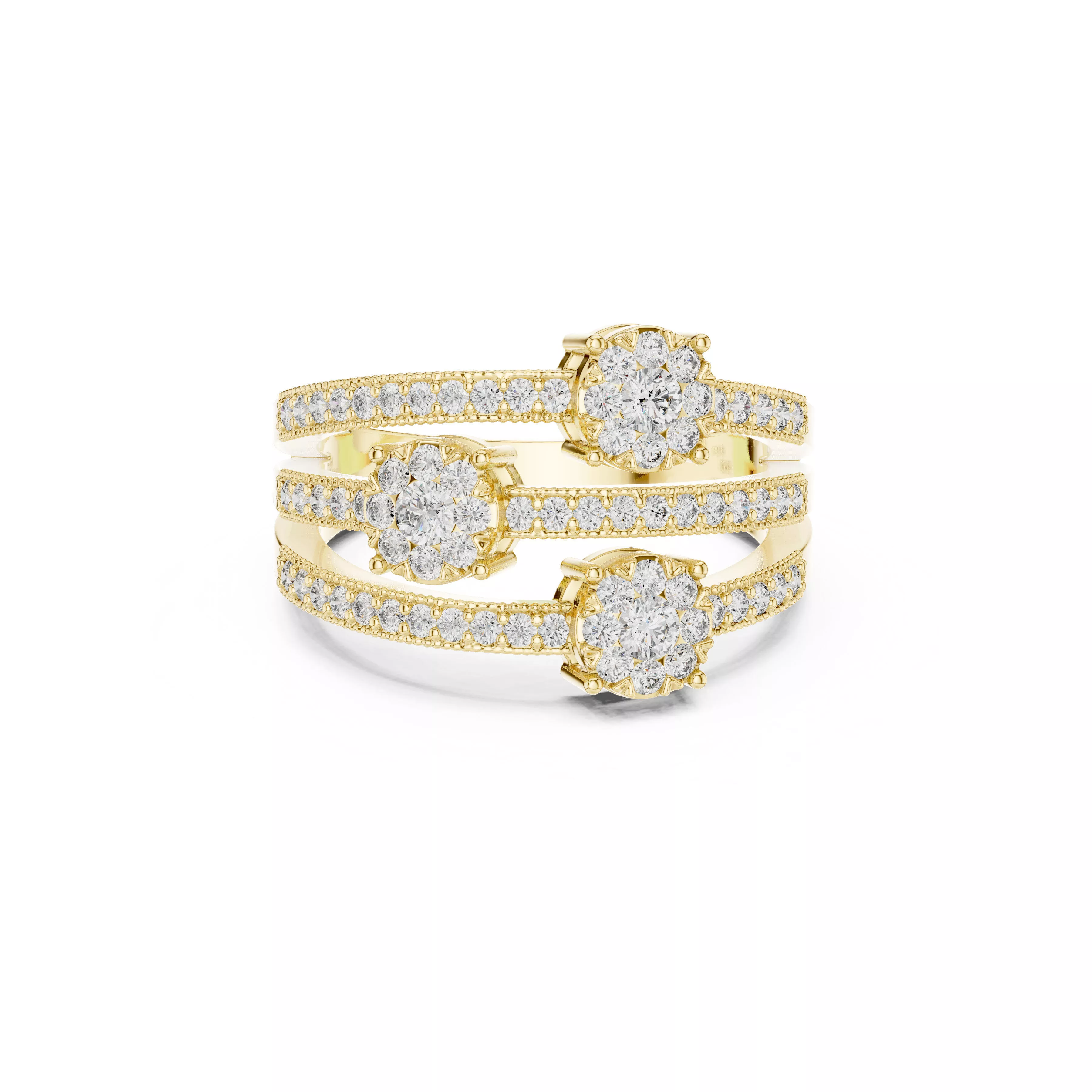 Triple Floral Diamond Open Band Ring CAD 3D print model