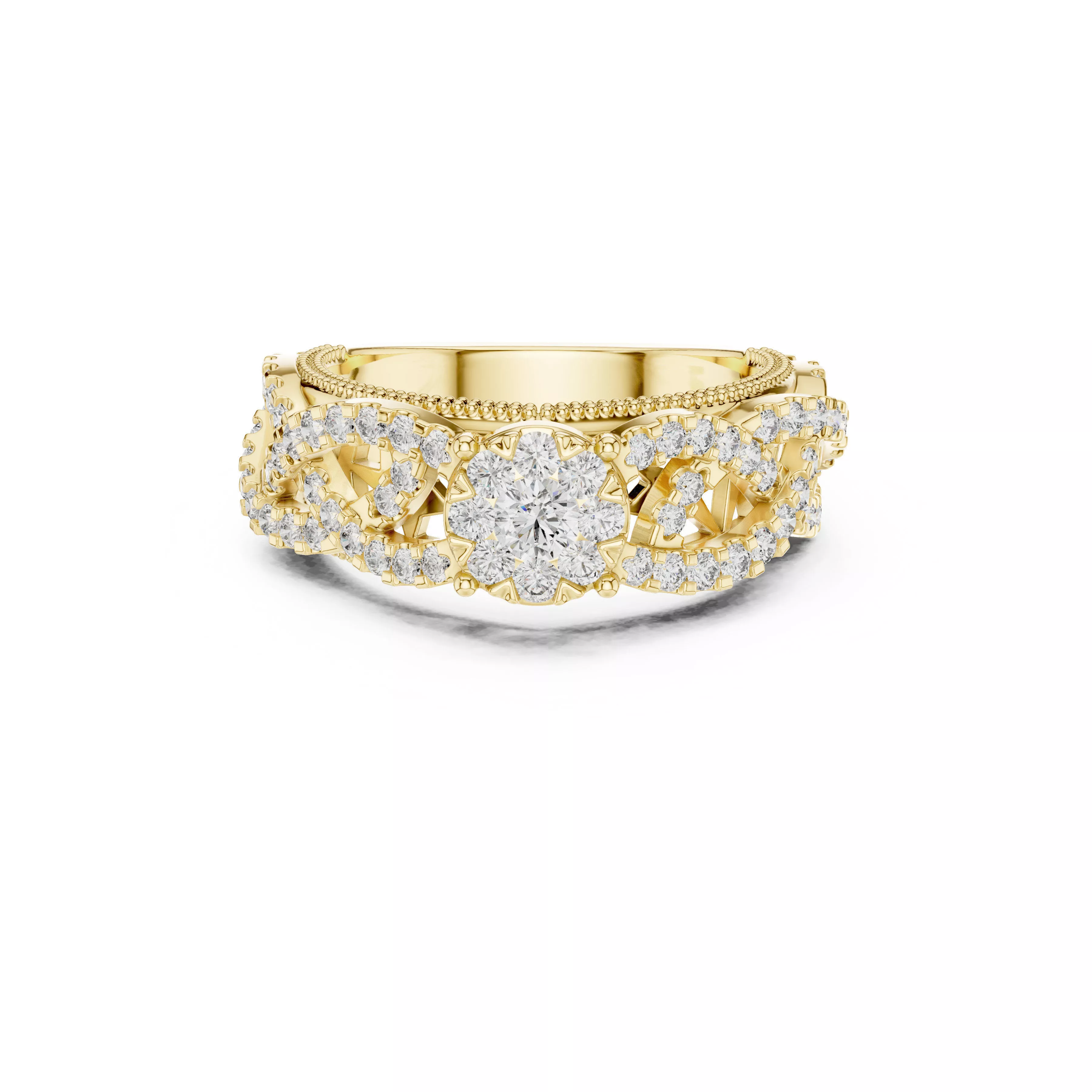 Vintage Floral Diamond Halo Ring CAD 3D print model