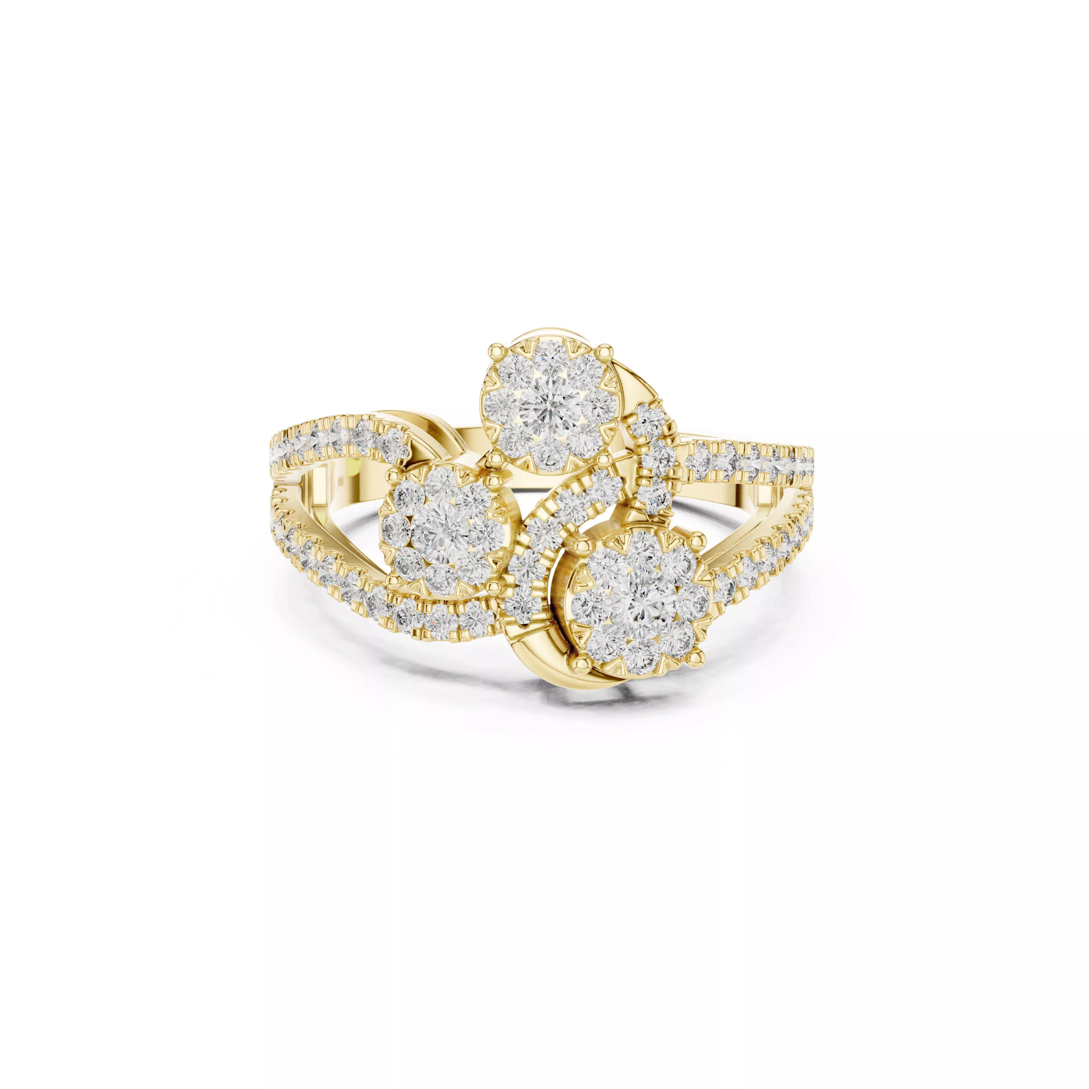 Triple Floral Diamond Cluster Split Shank Ring CAD 3D print model