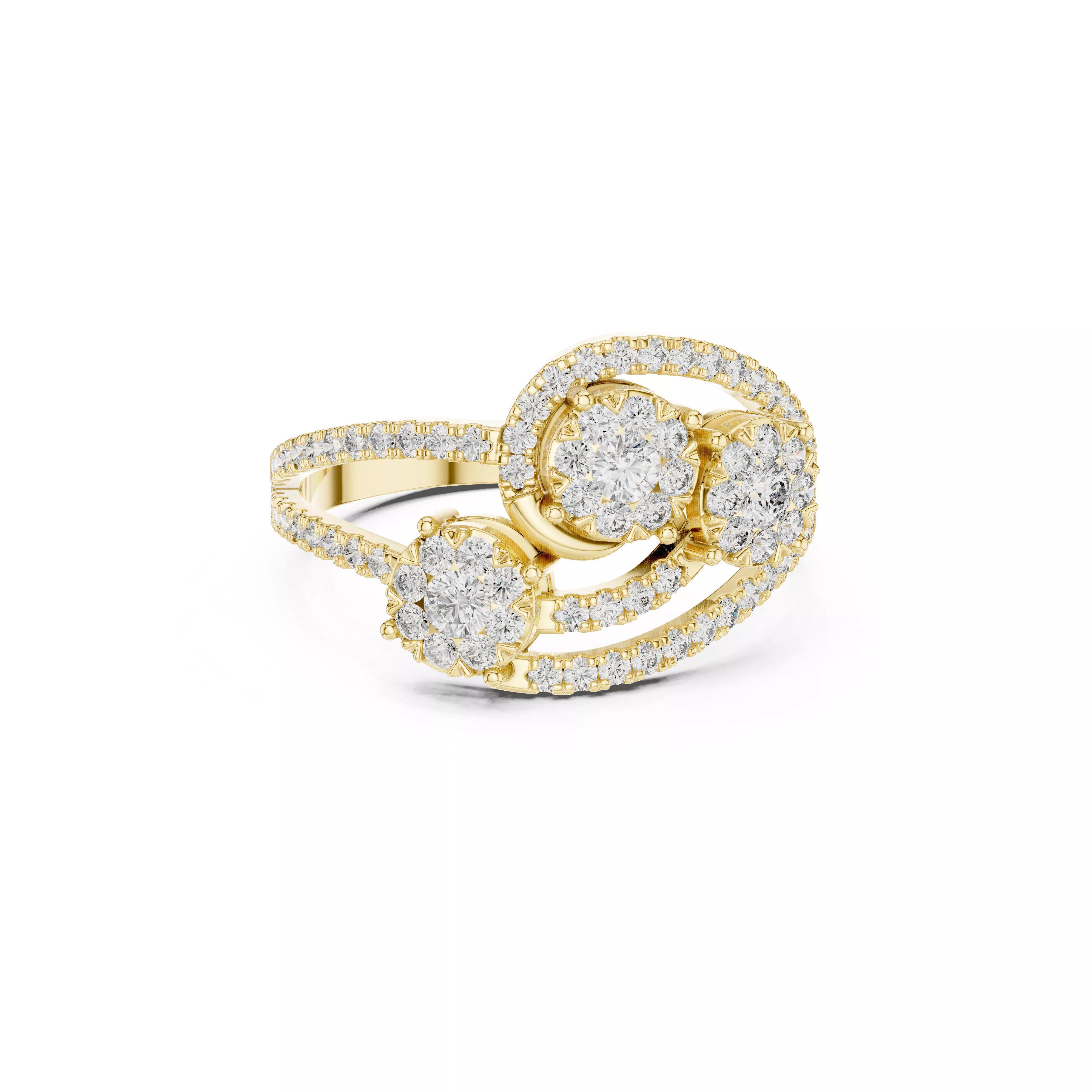 Triple Floral Diamond Bypass Ring CAD 3D print model