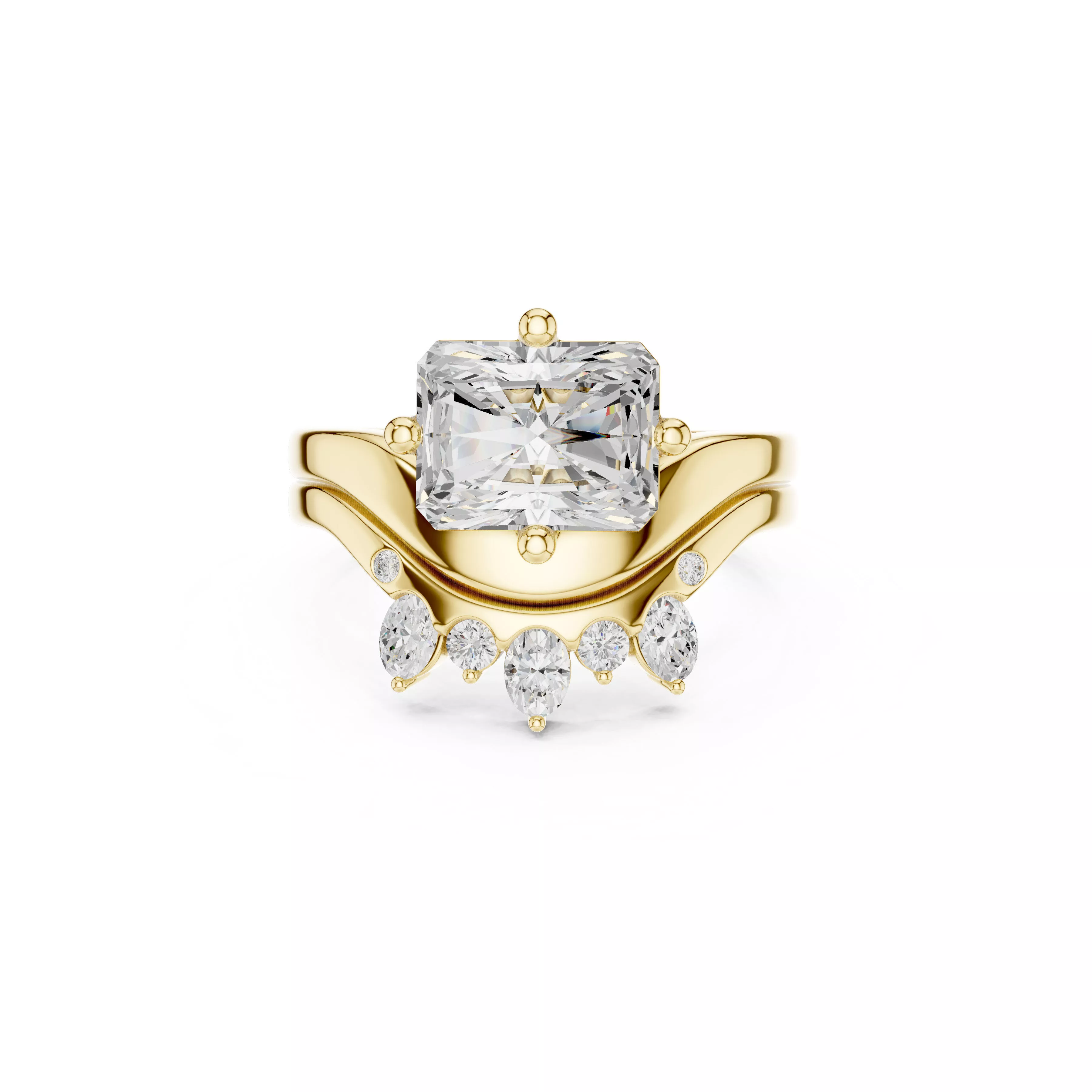 Radiant Cut Crown Bridal Ring Set CAD 3D print model