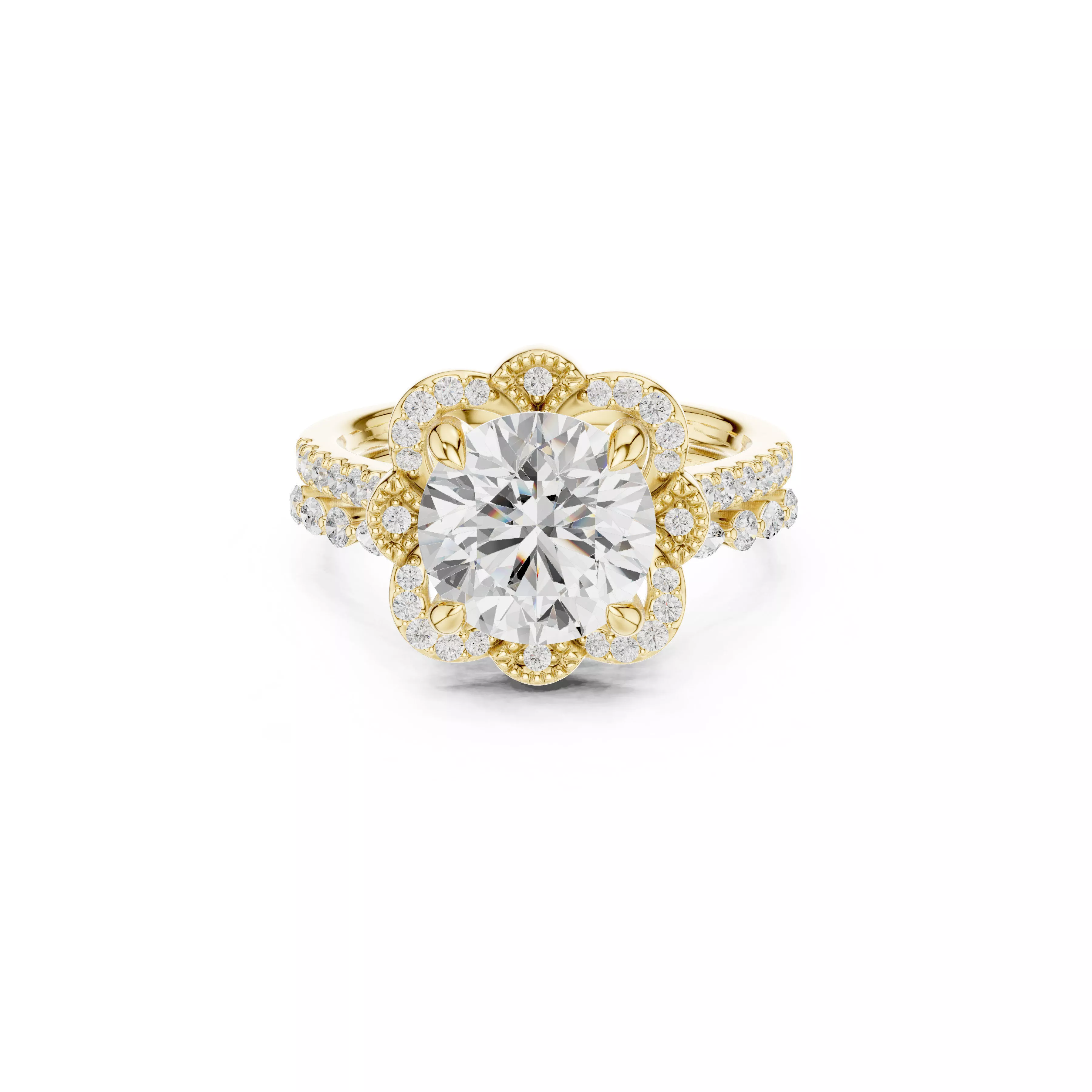 Floral Halo Round Diamond Split Shank Ring CAD 3D print model
