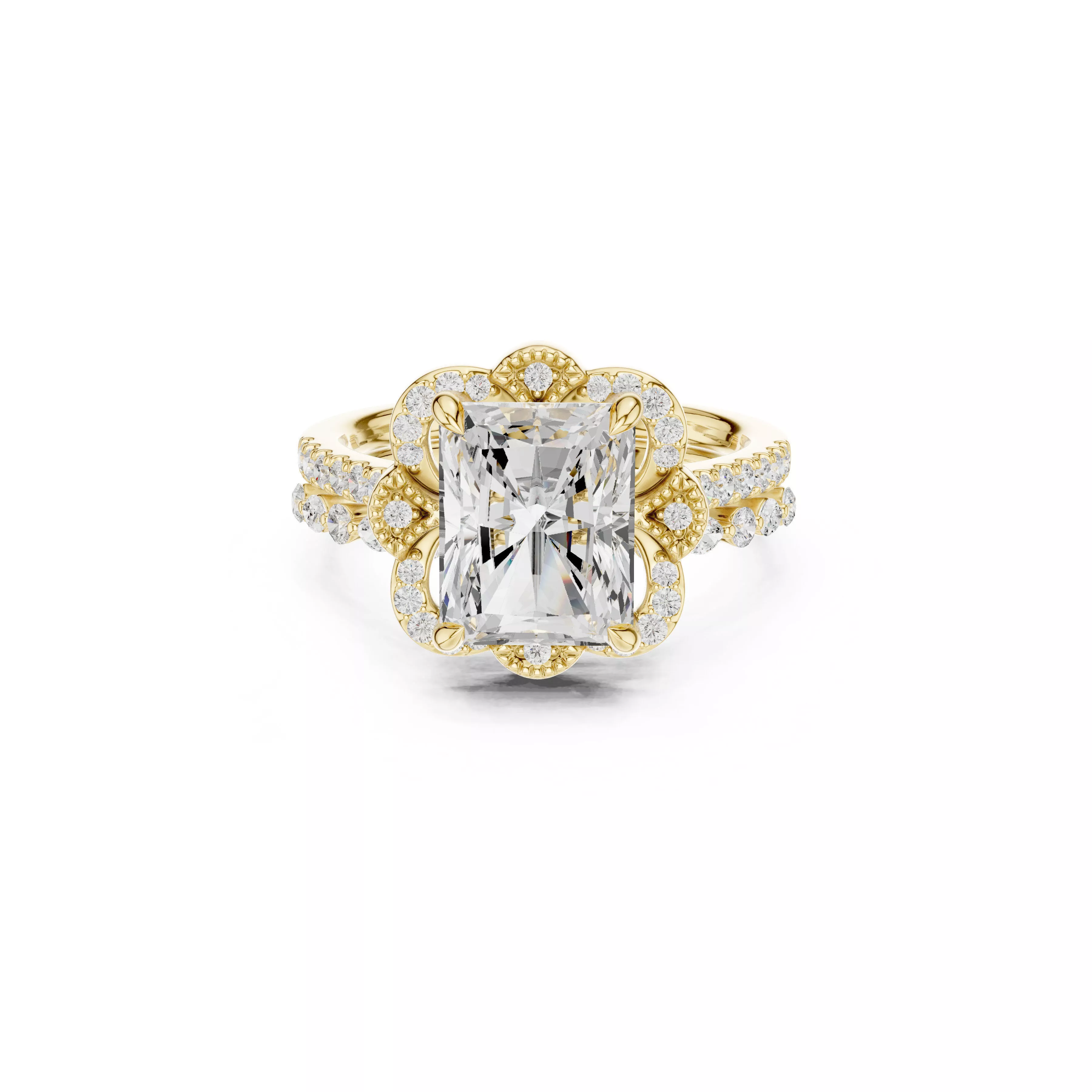 Vintage Floral Halo Radiant Cut Engagement Ring CAD 3D print model
