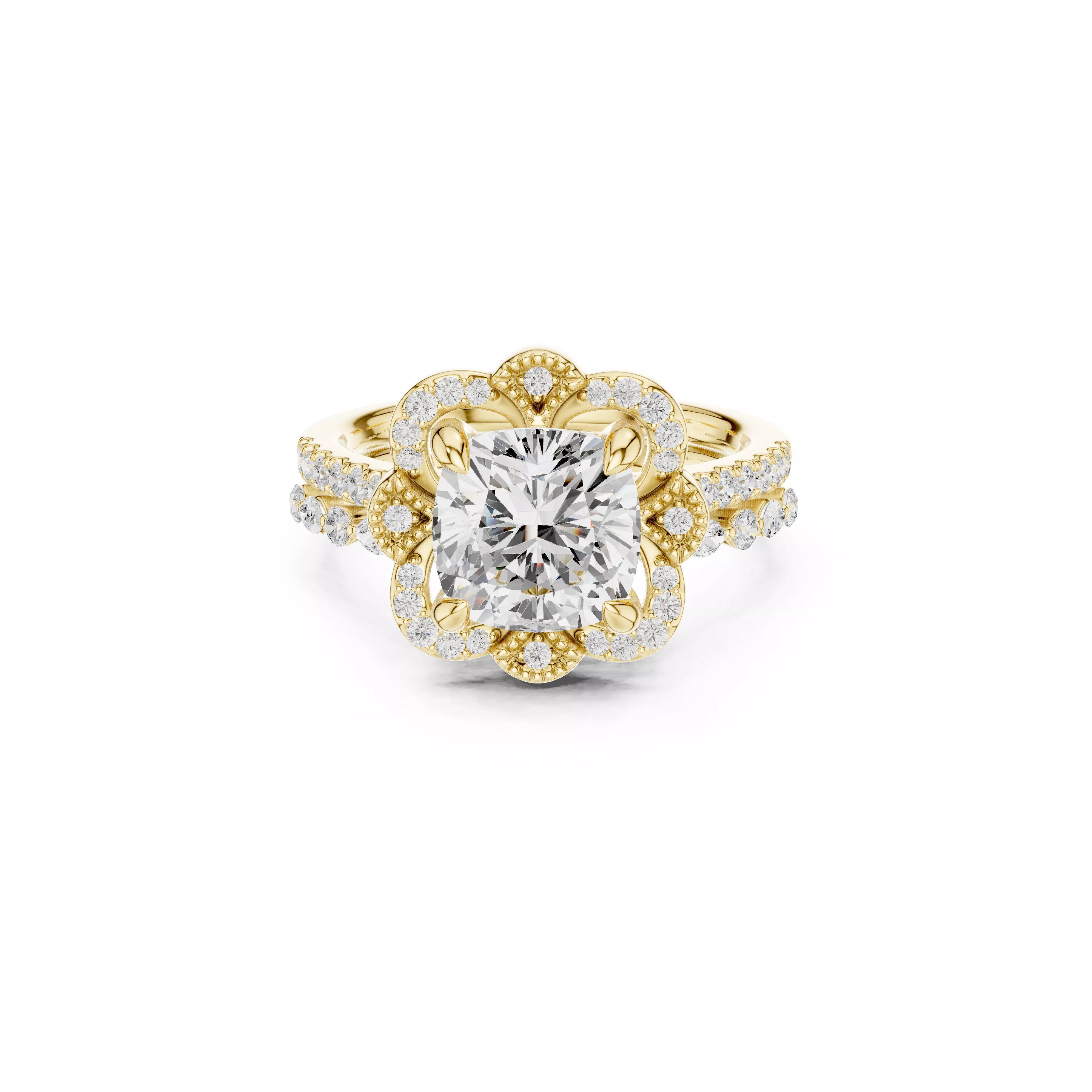 Floral Halo Cushion Cut Diamond Split Shank Ring CAD 3D print model