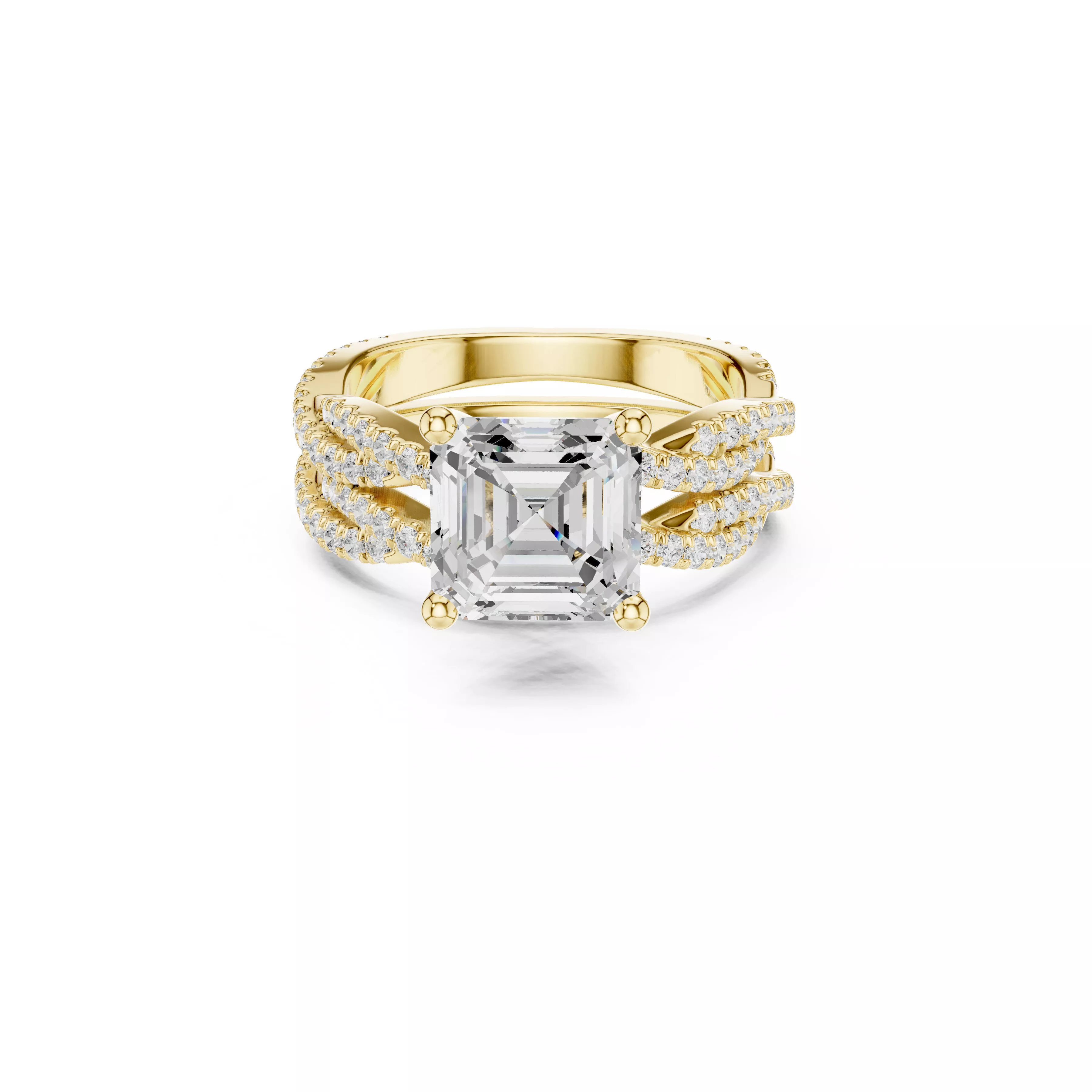 Asscher Cut Triple Row Diamond Engagement Ring CAD 3D print model