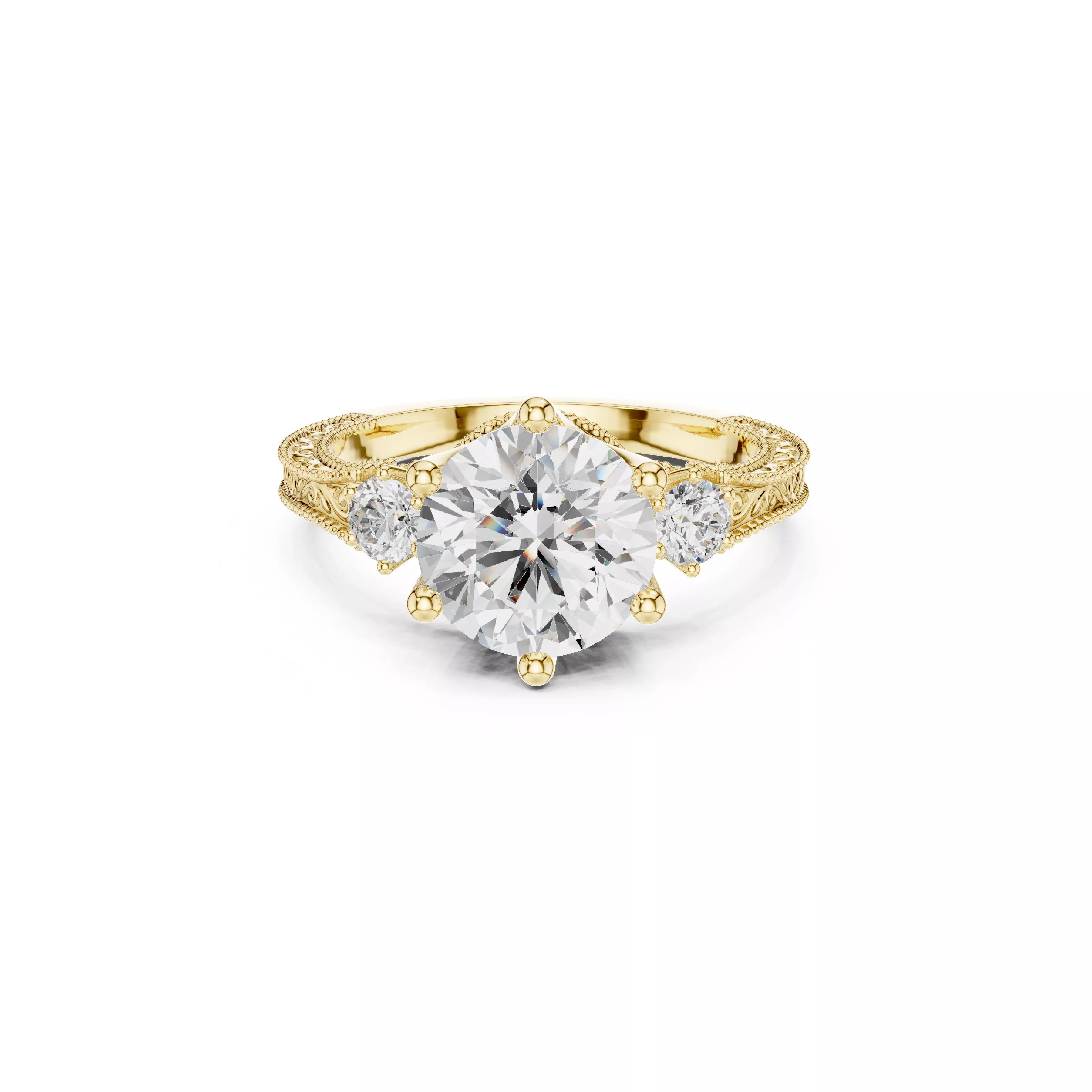 Vintage Round Diamond Three Stone Engagement Ring CAD 3D print model