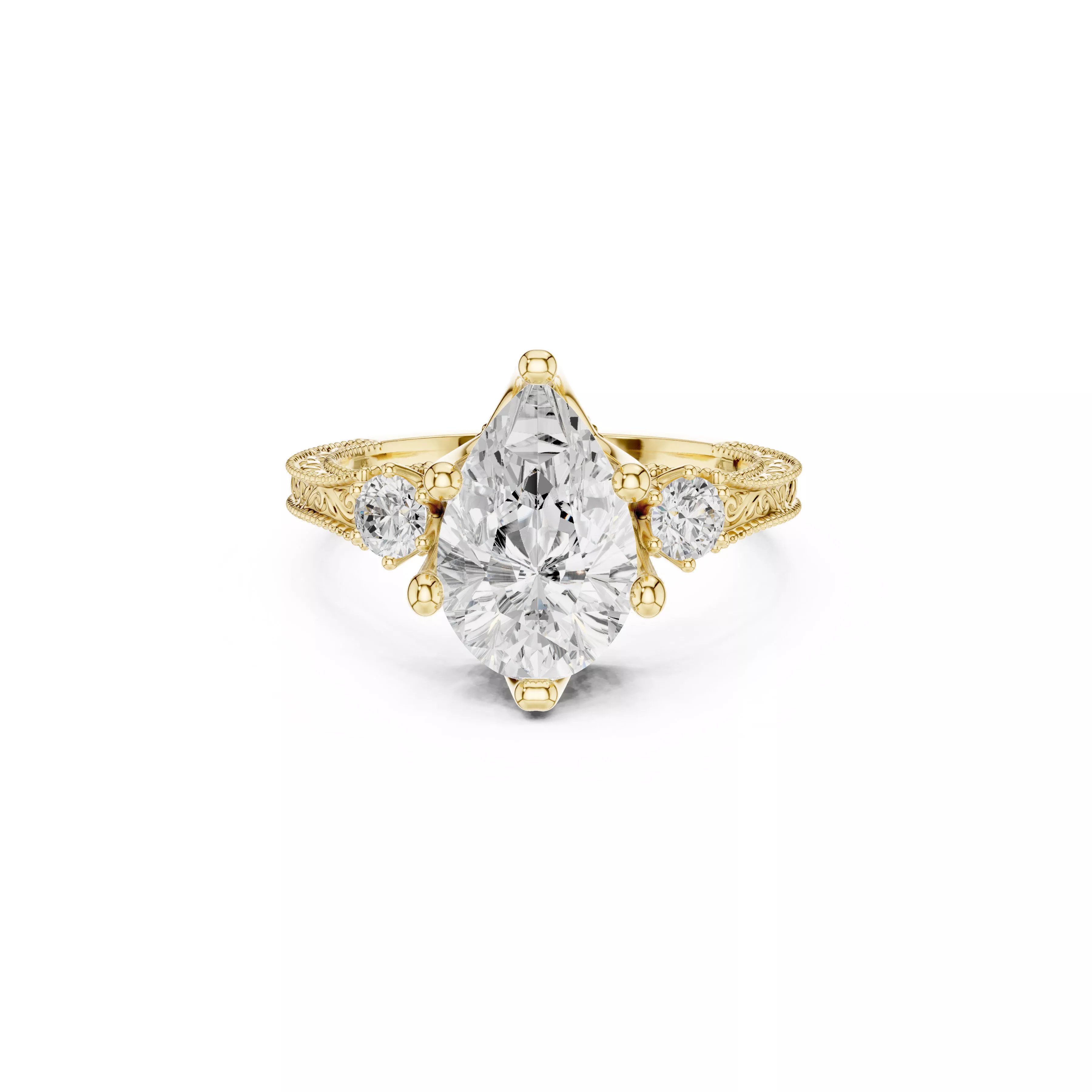 Vintage Pear Diamond Three Stone Engagement Ring CAD 3D print model