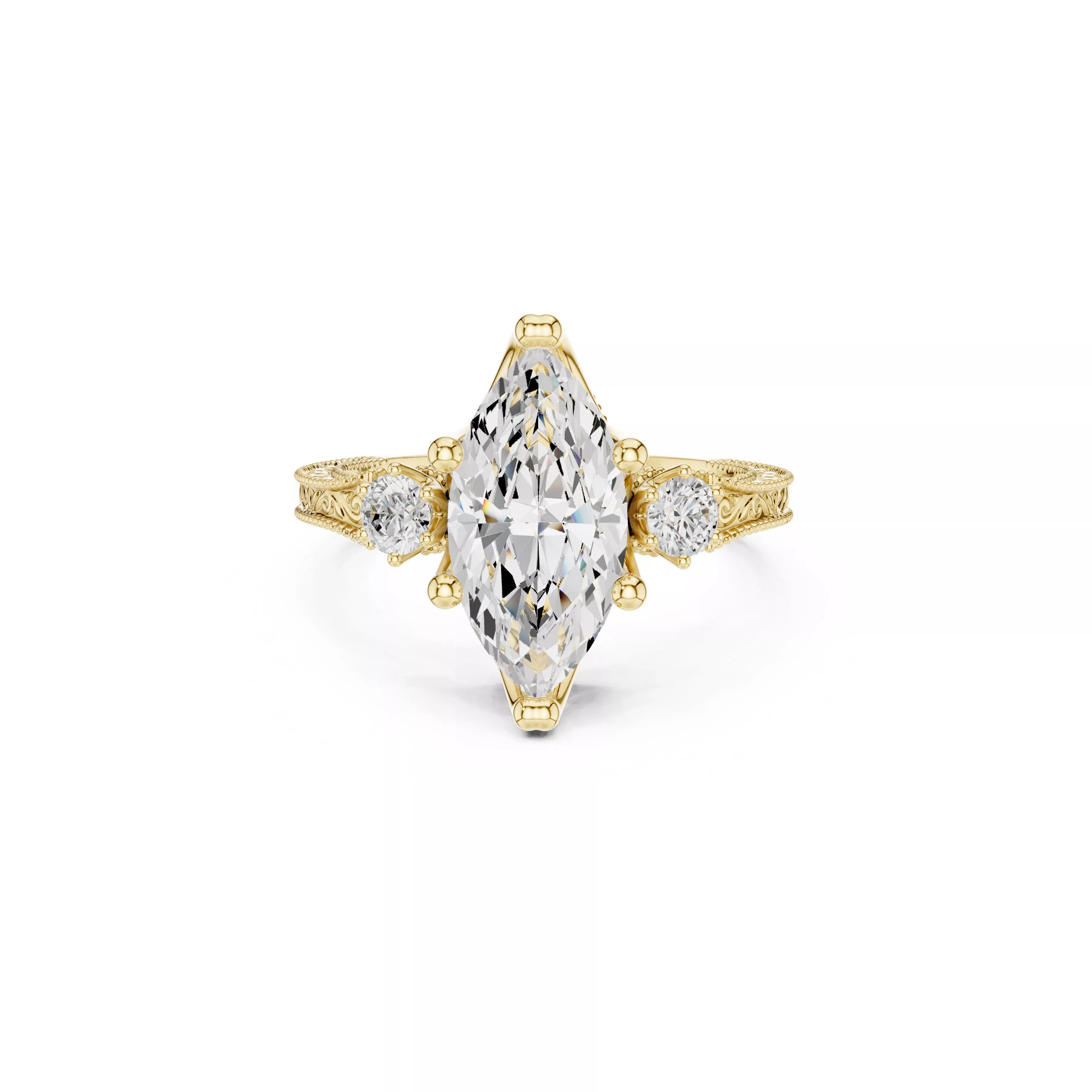 Vintage Marquise Three Stone Diamond Engagement Ring CAD 3D print model