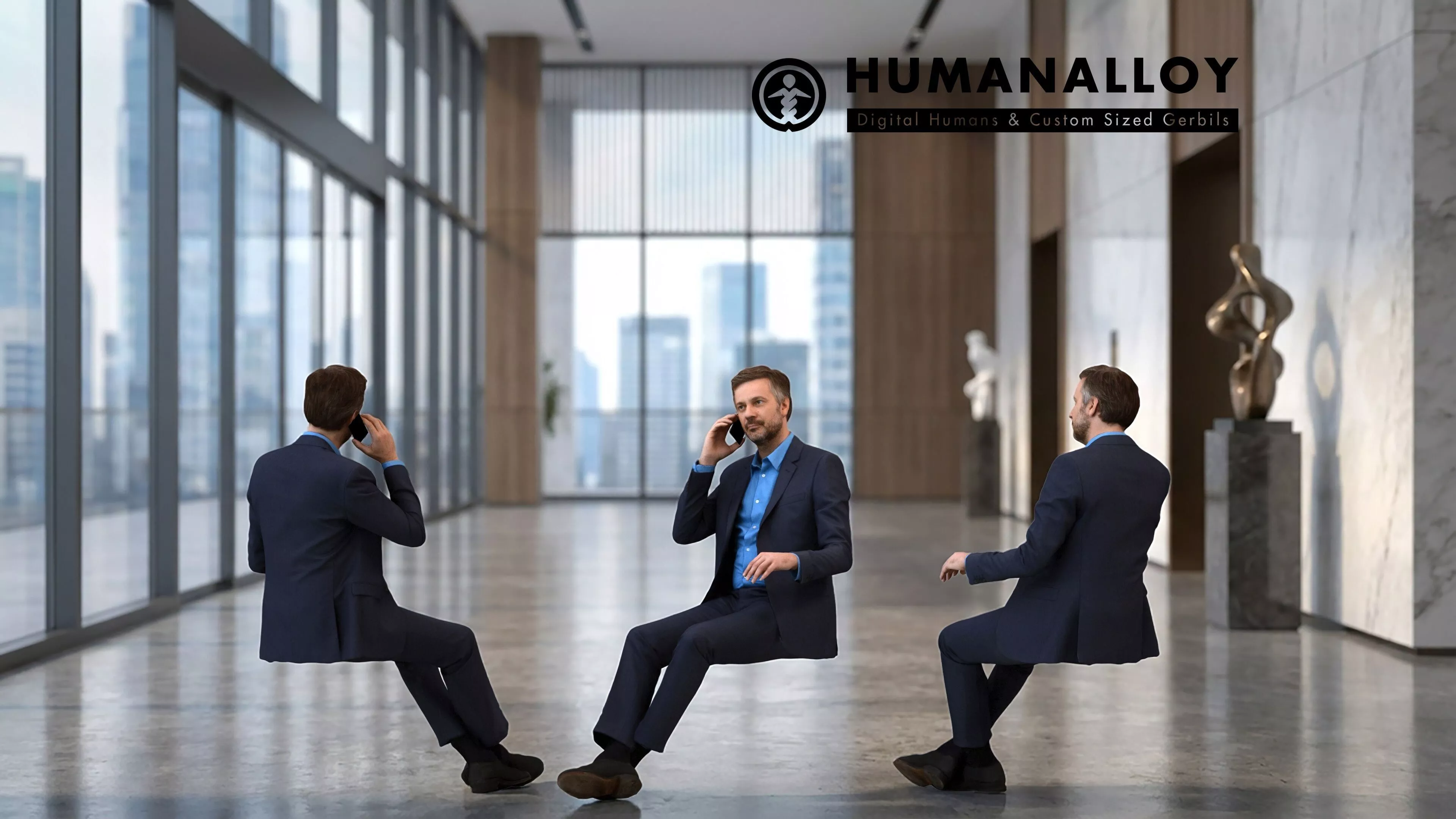 Adult Caucasian man making phone call in office wearing 3D model