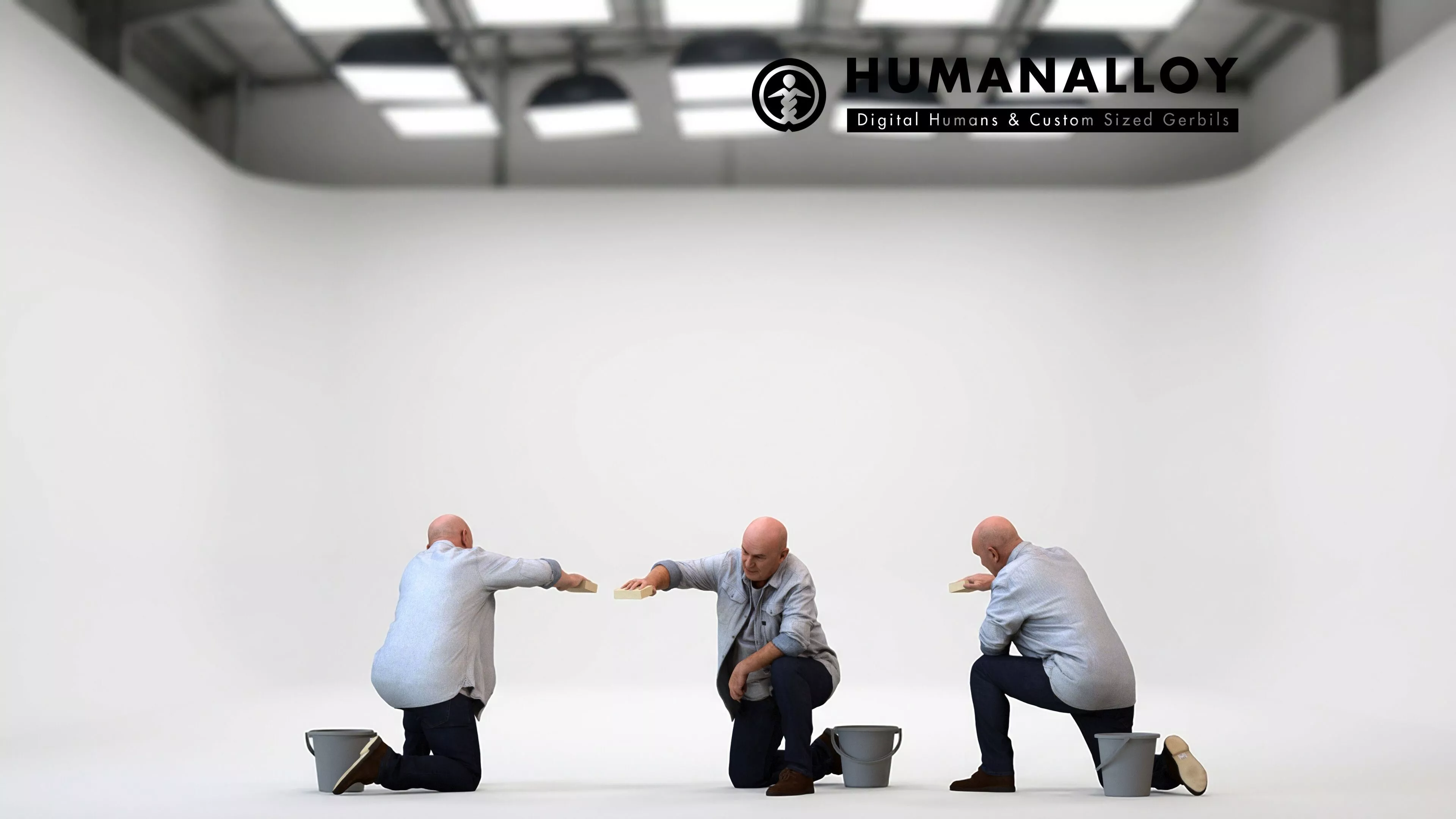 Senior Caucasian man crouching while washing car in casual 3D model