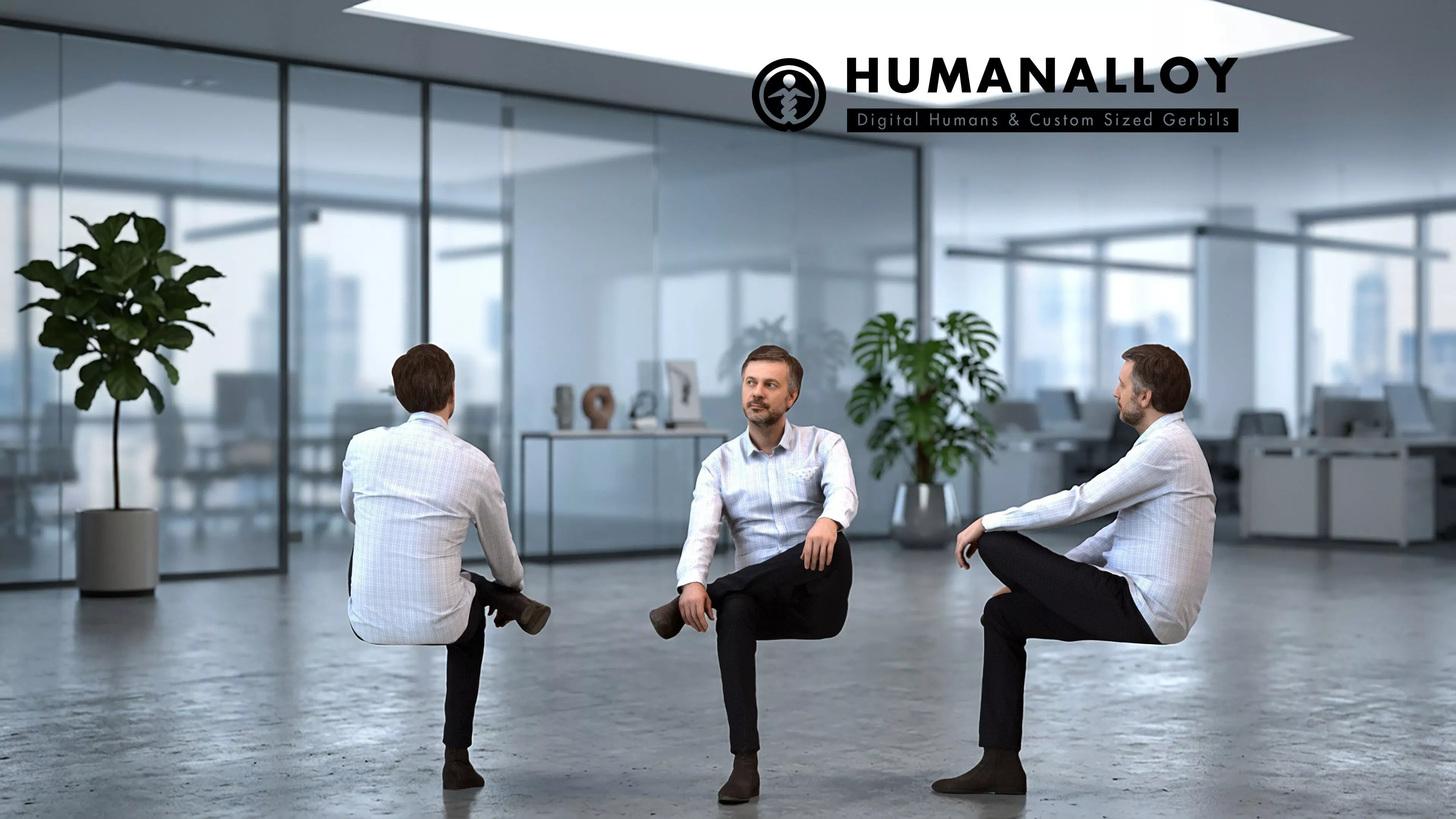 Adult Caucasian male relaxing in office wearing transitional 3D model