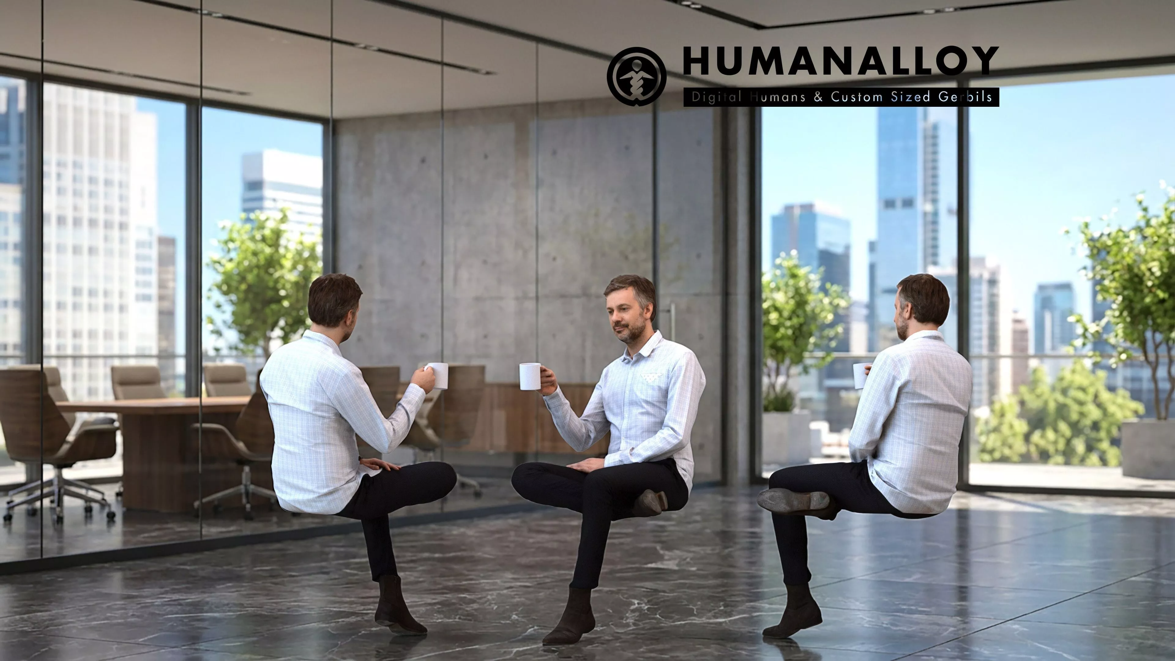 Adult Caucasian man relaxing in office with coffee 3D model