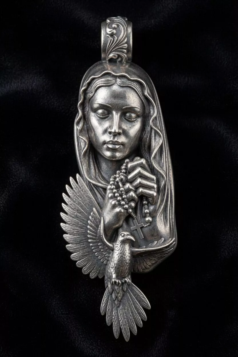 Praying Virgin Mary Pendant with Dove and Rosary 3D print model