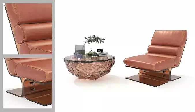 Modern Leather Lounge Chair with Coffee Table Set 3D model