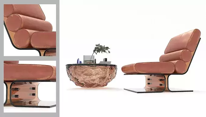 Modern Leather Lounge Chair with Coffee Table Set 3D model 3