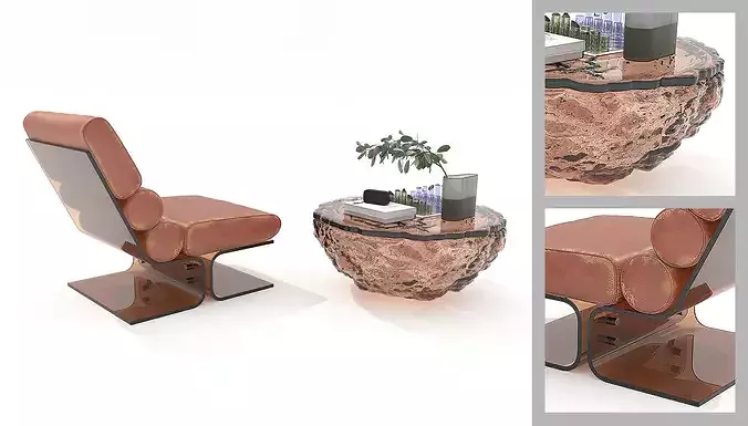 Modern Leather Lounge Chair with Coffee Table Set 3D model 5