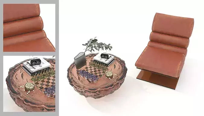 Modern Leather Lounge Chair with Coffee Table Set 3D model 4