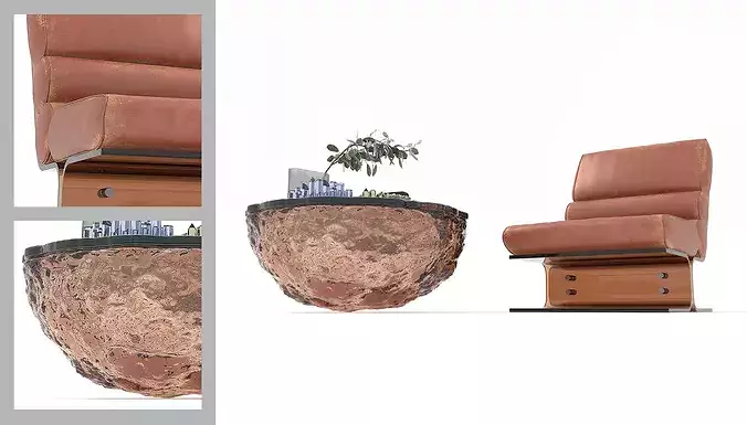 Modern Leather Lounge Chair with Coffee Table Set 3D model 6