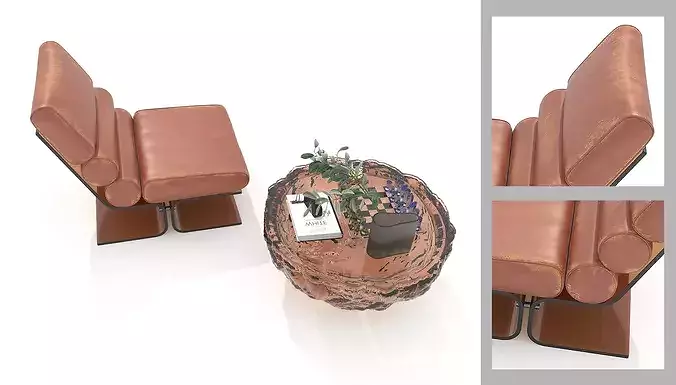 Modern Leather Lounge Chair with Coffee Table Set 3D model 7