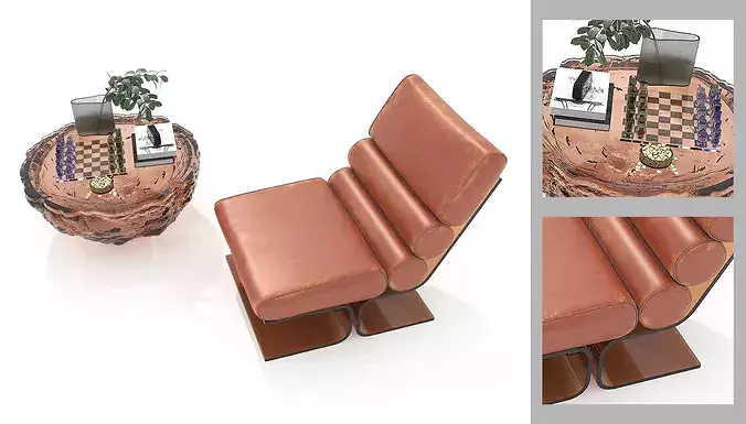 Modern Leather Lounge Chair with Coffee Table Set 3D model 2