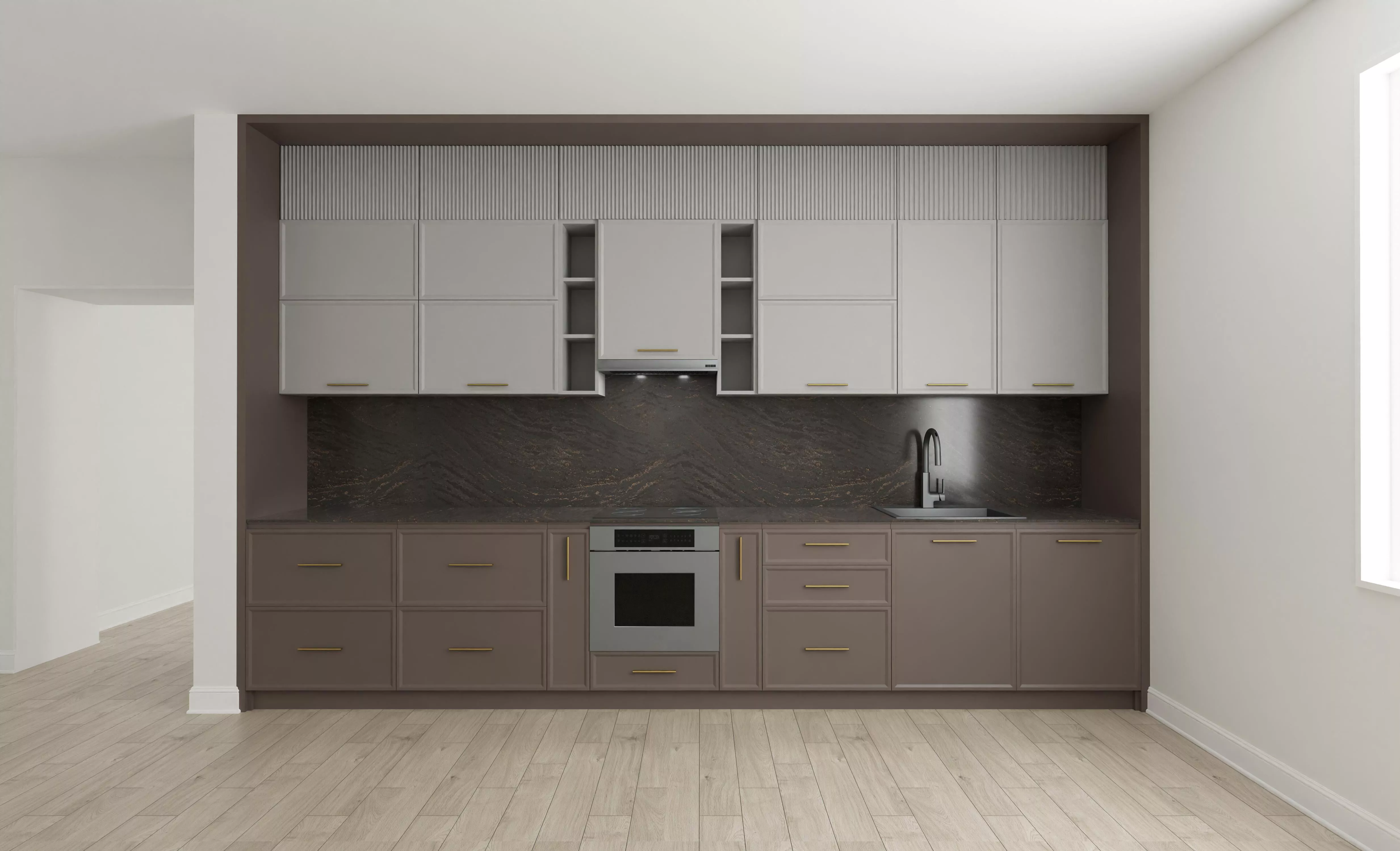 Modern monolithic kitchen suite with fluted accent panels 3D model