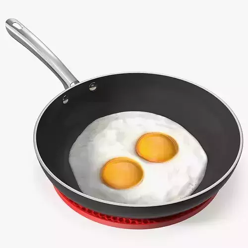 Nonstick Frying Pan with Fried Eggs on Red Silicone Mat 3D model
