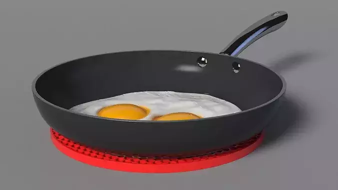 Nonstick Frying Pan with Fried Eggs on Red Silicone Mat 3D model 6