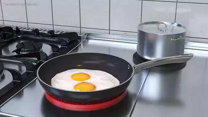 Nonstick Frying Pan with Fried Eggs on Red Silicone Mat 3D model 3