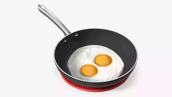 Nonstick Frying Pan with Fried Eggs on Red Silicone Mat 3D model 2