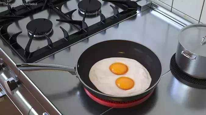 Nonstick Frying Pan with Fried Eggs on Red Silicone Mat 3D model 4