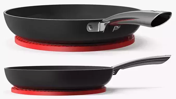 Nonstick Frying Pan with Fried Eggs on Red Silicone Mat 3D model 7