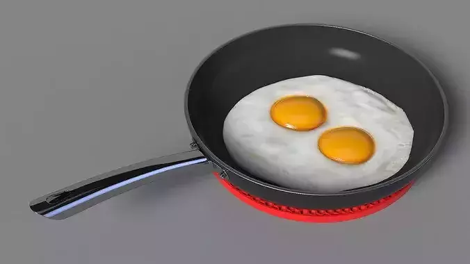 Nonstick Frying Pan with Fried Eggs on Red Silicone Mat 3D model 5