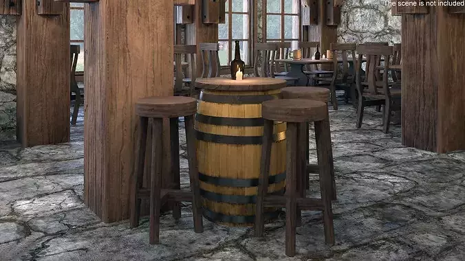 Barrel Table with Stools 3D model 4