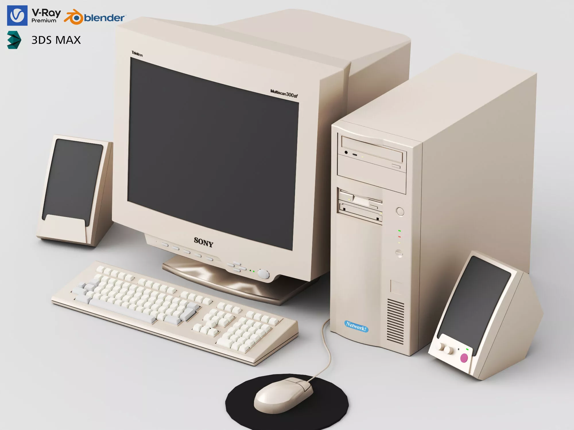 Vintage Beige CRT Computer Setup Low-poly 3D model