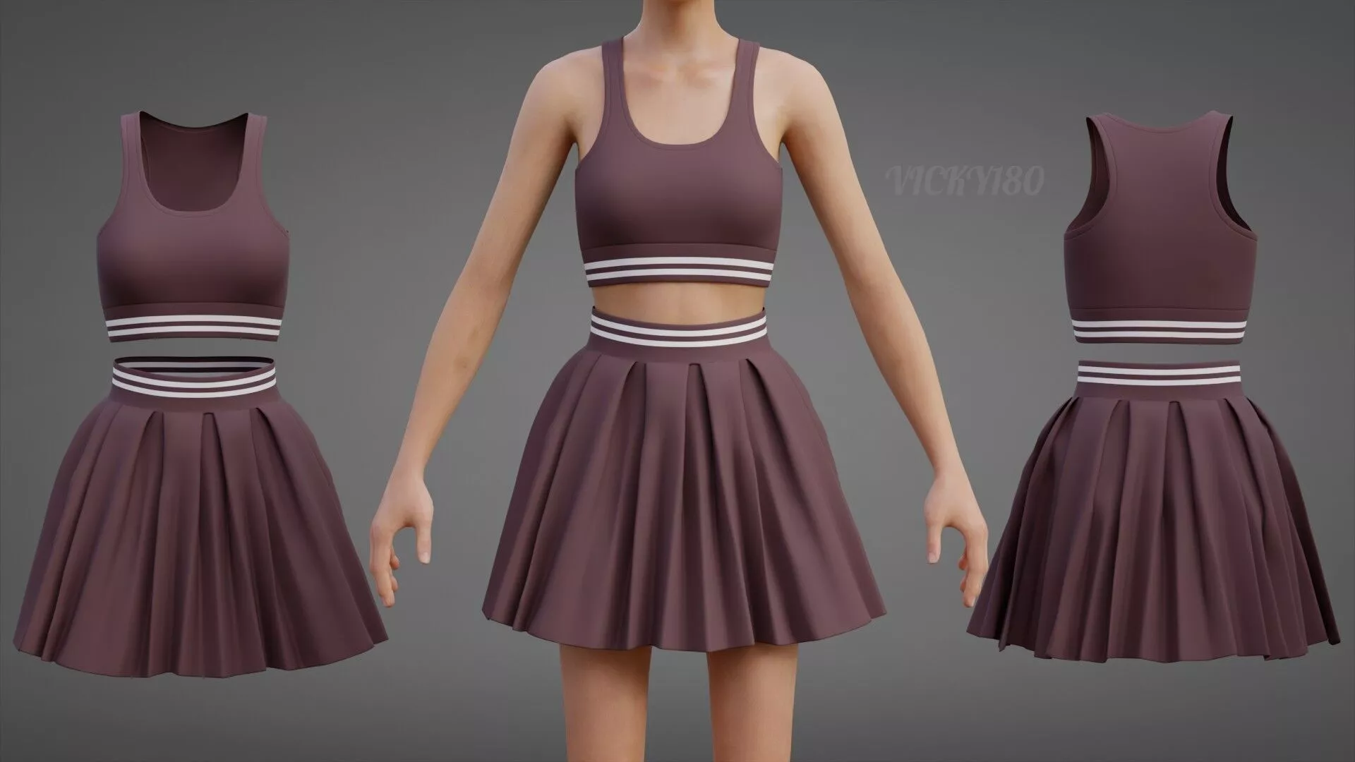 Two Piece Activewear Co-Ord Outfit - Sports Bra Skater Skirt Low-poly 3D model