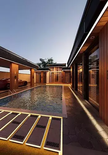 Modern Luxury Exterior Courtyard with Swimming Pool 3D model 6