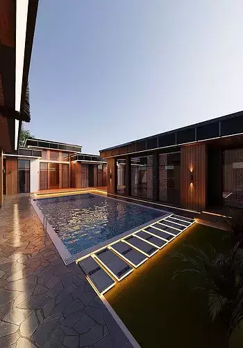 Modern Luxury Exterior Courtyard with Swimming Pool 3D model 3