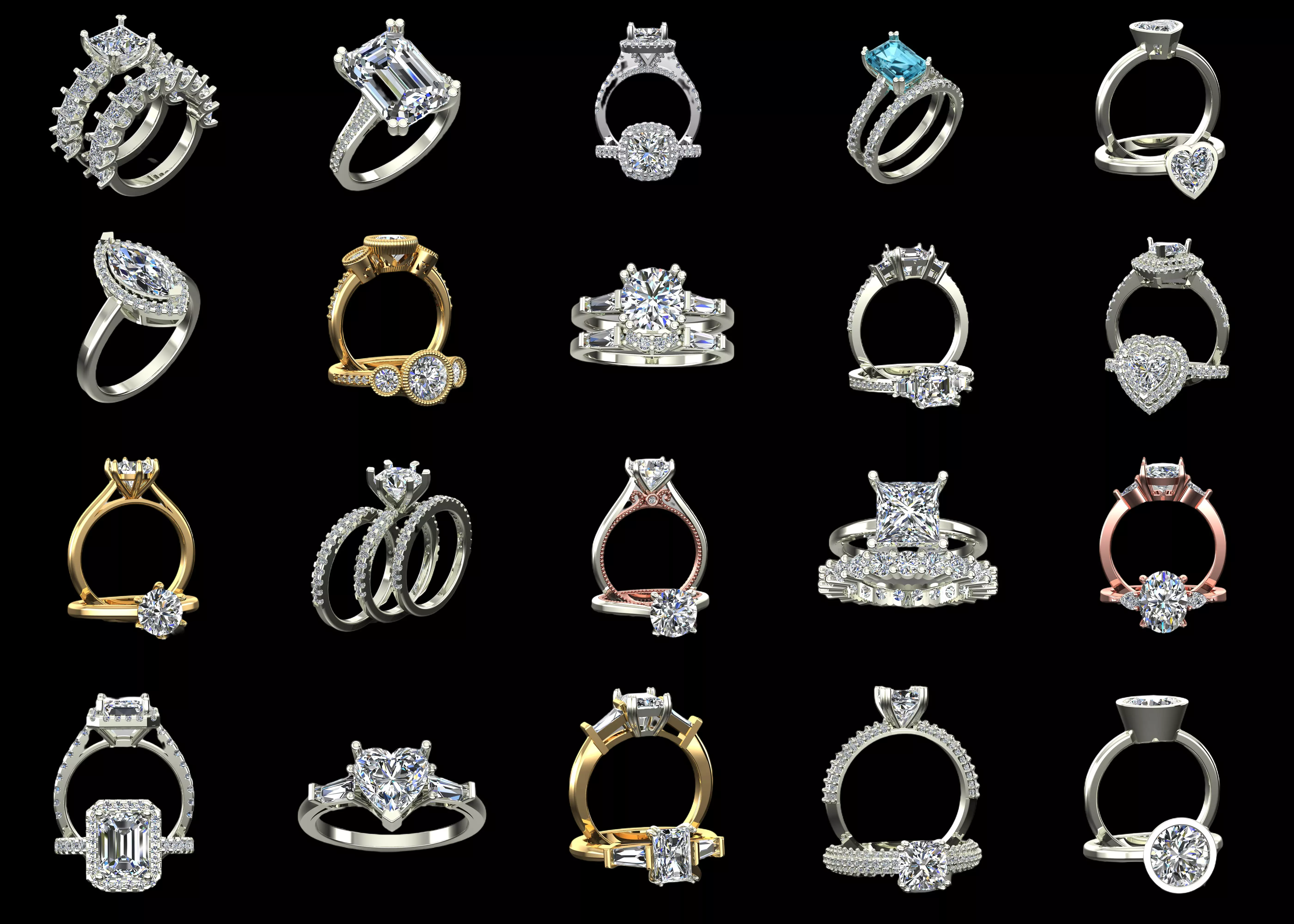 20 Luxury Engagement Ring CAD Models Bundle STL and 3DM Pack 3D print model