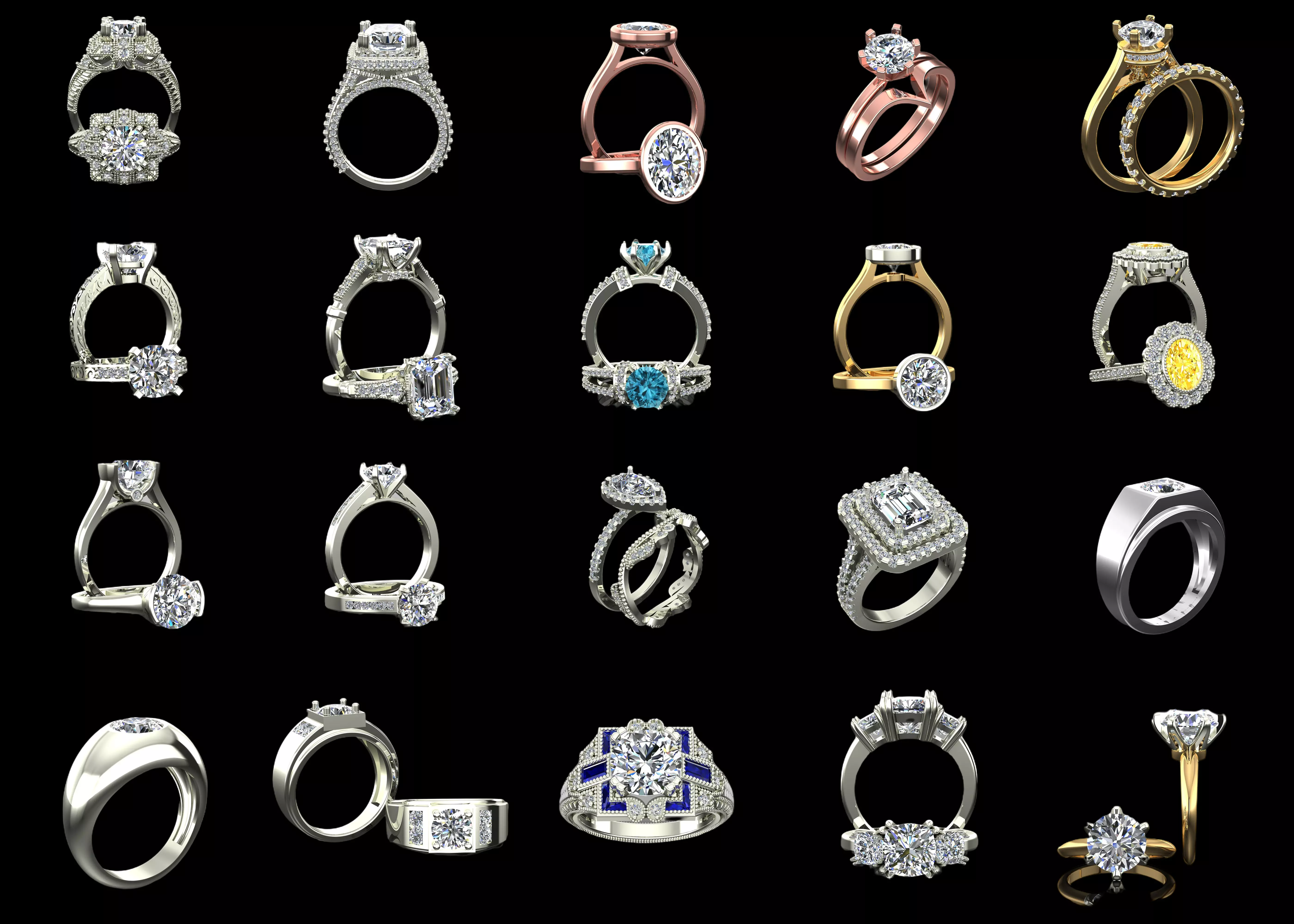20 Luxury Ring CAD Models Bundle STL and 3DM Jewelry Collection 3D print model