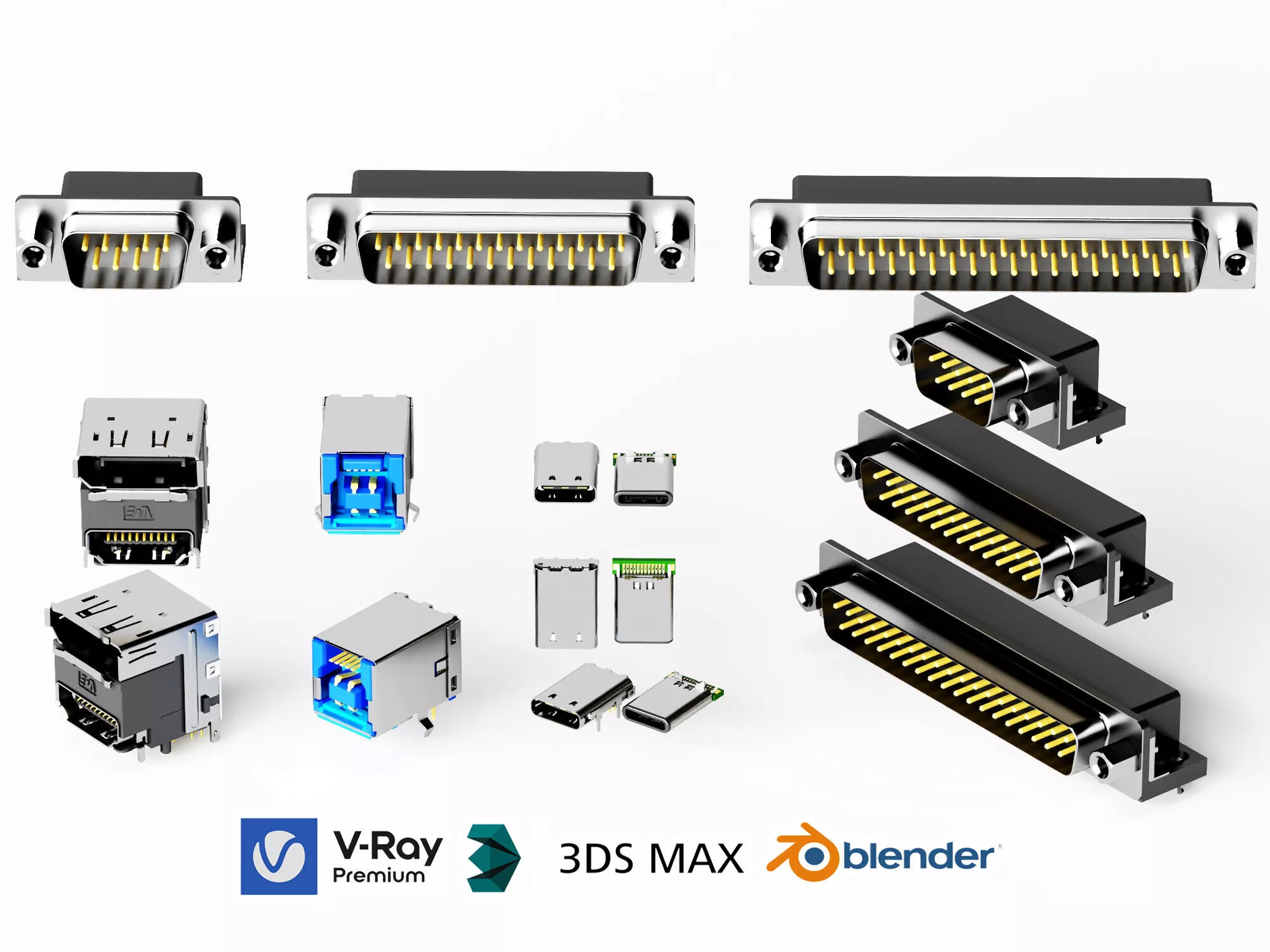 Electronic Connectors and Adapters Collection Low-poly 3D model