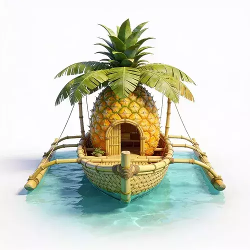 Stylized 3D Whimsical Pineapple Outrigger Boat Model