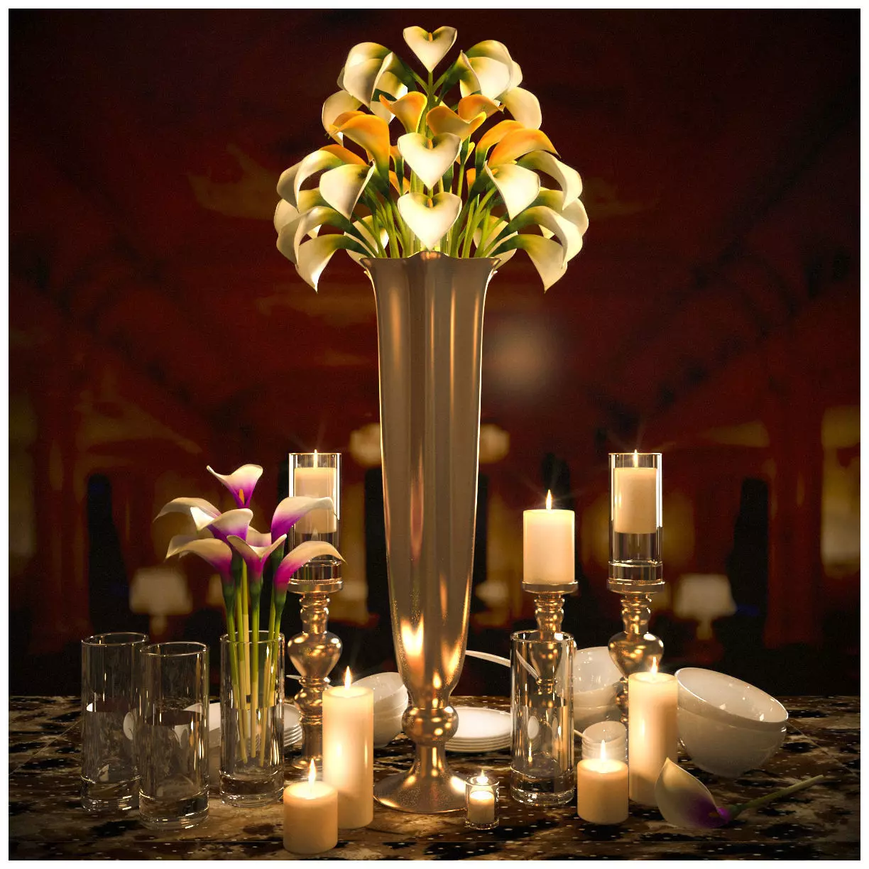 tableware calla lily centerpiece with candles 3D model_0