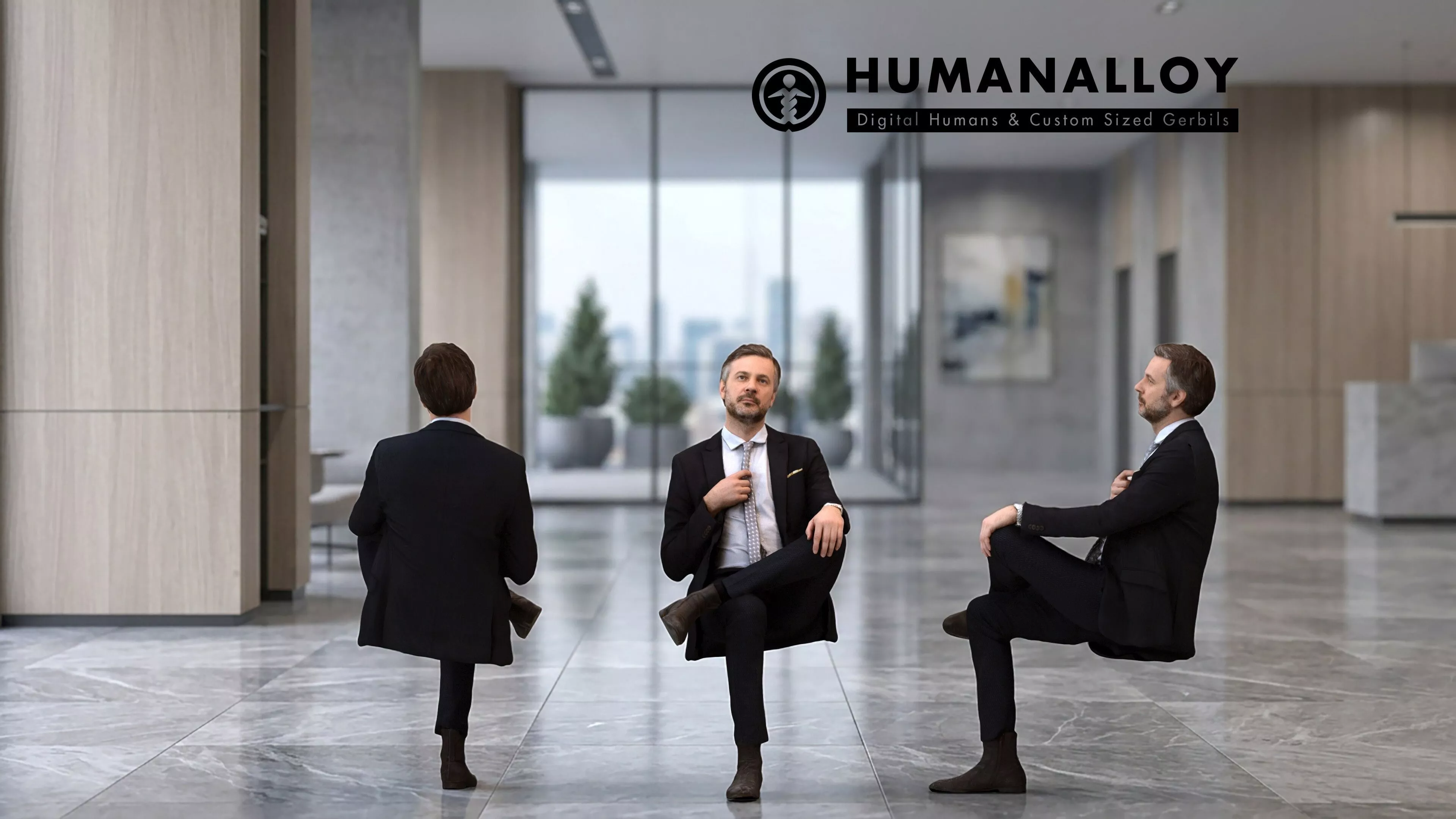 Adult Caucasian man relaxing in office wearing transitional 3D model
