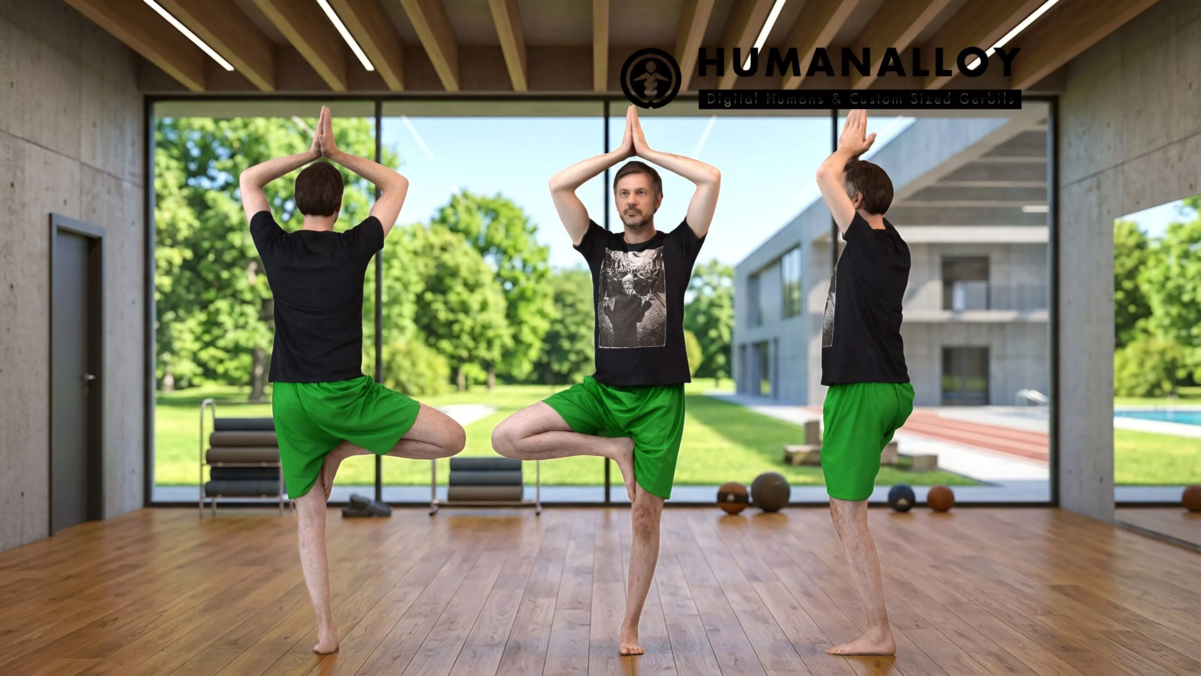 Adult Caucasian man exercising in sports facility wearing 3D model