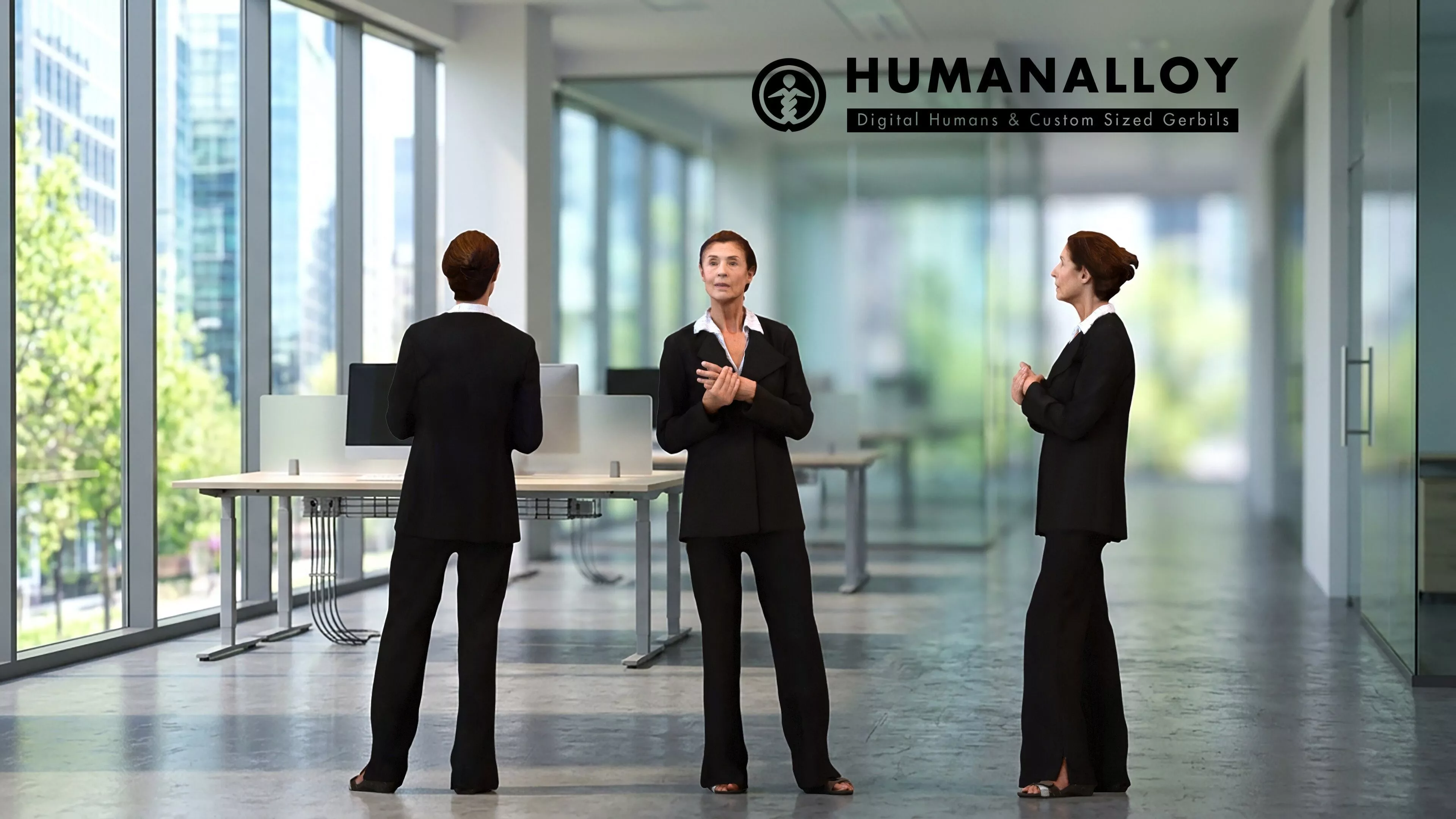 Senior Caucasian woman presenting in office with smartphone 3D model