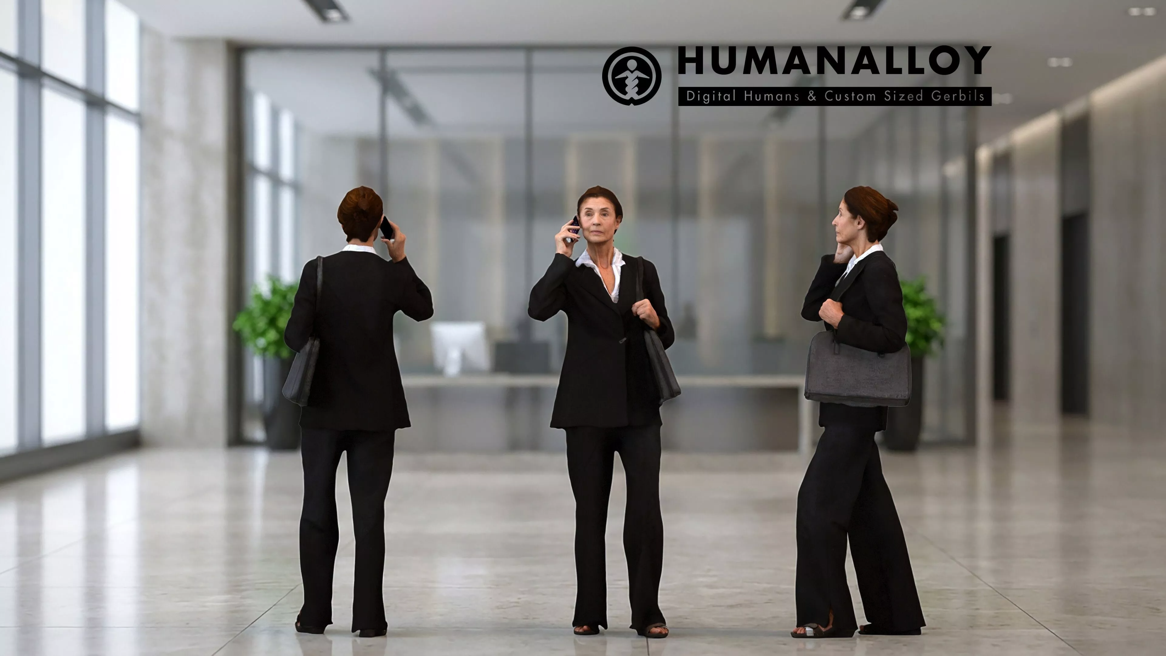 Senior Caucasian woman making phone call in office wearing 3D model