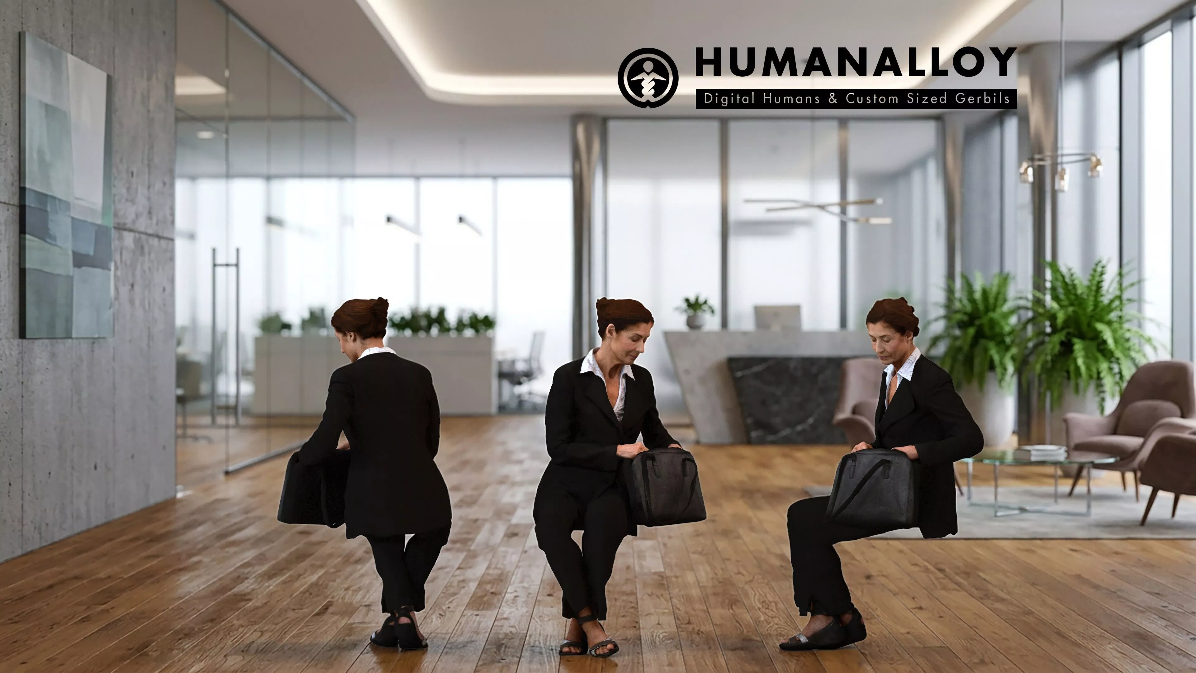 Senior Caucasian woman waiting in office wearing transitional 3D model