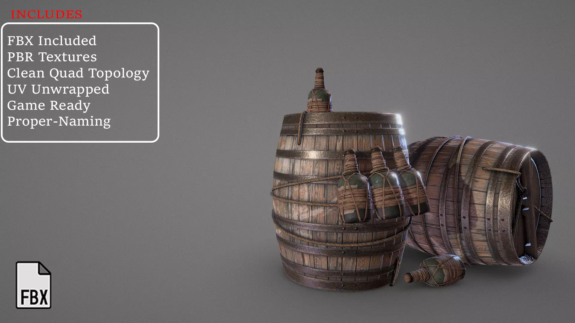 Old Wine Barrel with Bottles Tavern Prop PBR Game Ready Low-poly 3D model