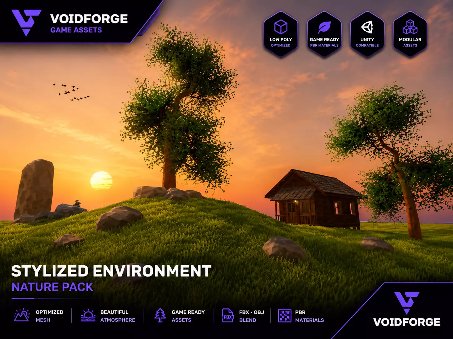 Low Poly Nature Environment Pack Trees House Grass Free low-poly 3D model